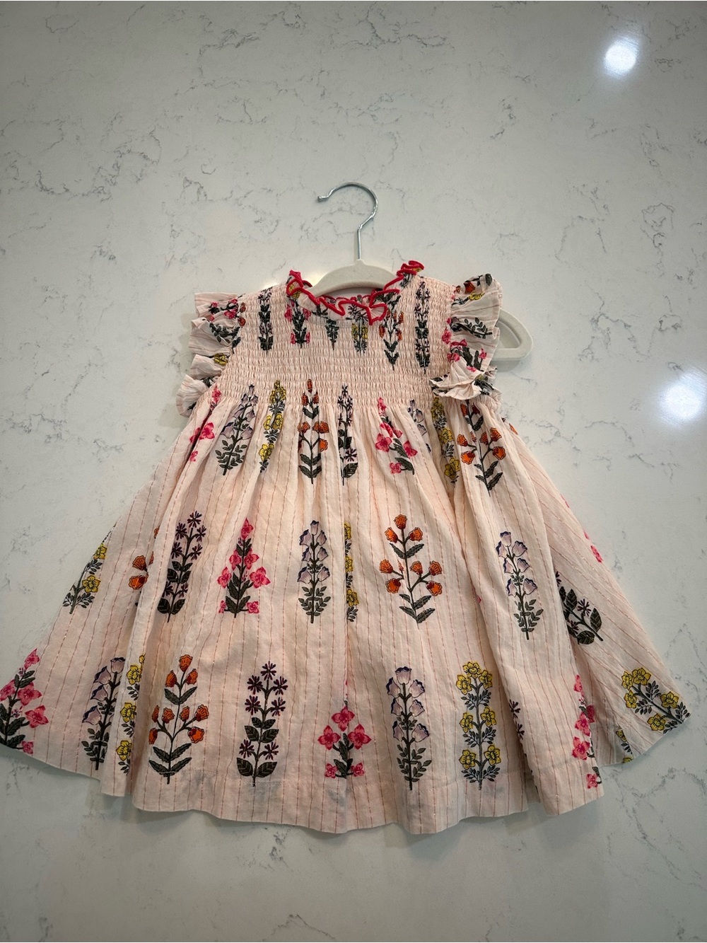 Pink Chicken Cream Floral Smocked Dress with Pink & Yellow Embroidery